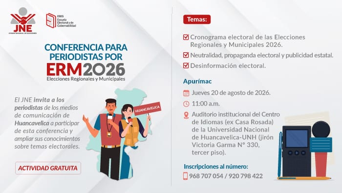 JNE capacitará a periodistas de Huancavelica por las Elecciones Regionales y Municipales 2026. Fotografía publicada por Jurado Nacional de Elecciones en su sala de prensa de gob.pe.